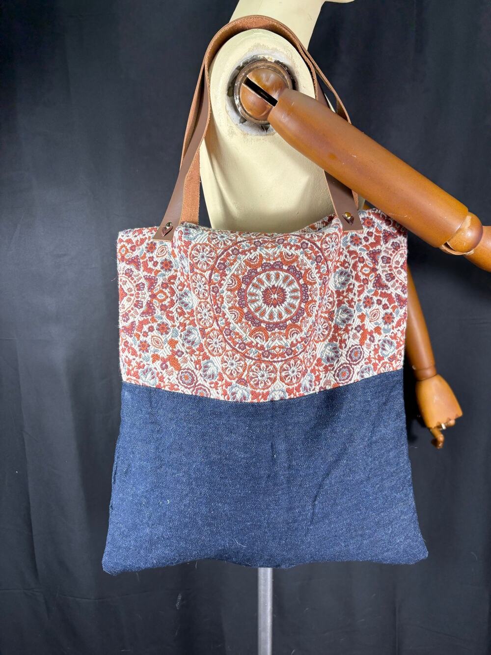 Handmade bag One of a kind Purse Denim & Floral Fabric Unique Satchel Tote